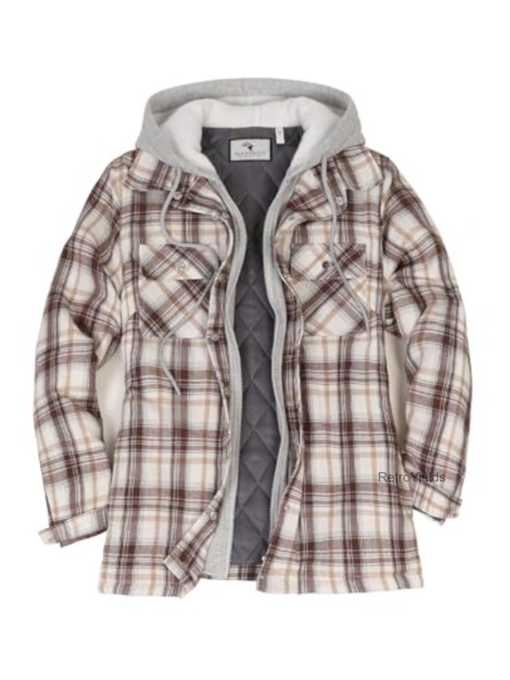 Quilted Lined Plaid Flannel Shacket with Hood and Multi-Pocket
